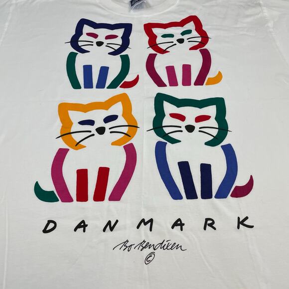 VTG Bo Bendixen Denmark Cat Graphic T-Shirt White size XXL Danish Art - Picture 2 of 6